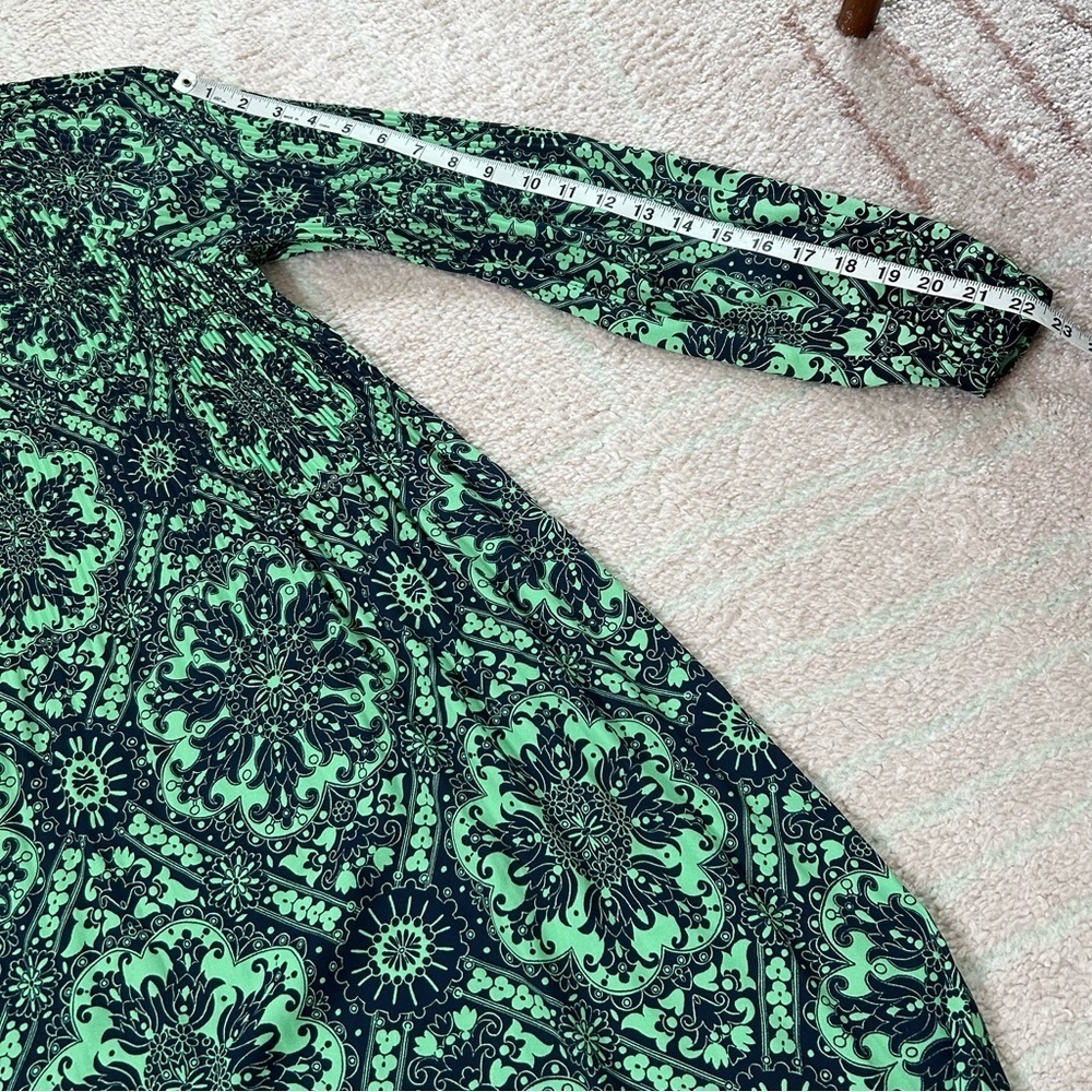 NWT LOFT Green Navy Long Sleeve Dress Knee Length Plisse Pleat Puff Sleeve Small - Picture 11 of 13
